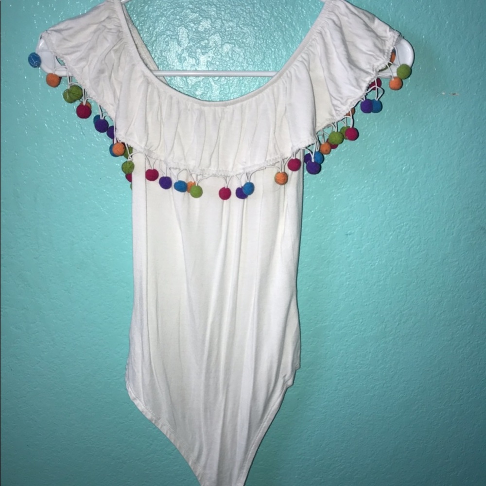 White off the shoulder Pom Pom shirt